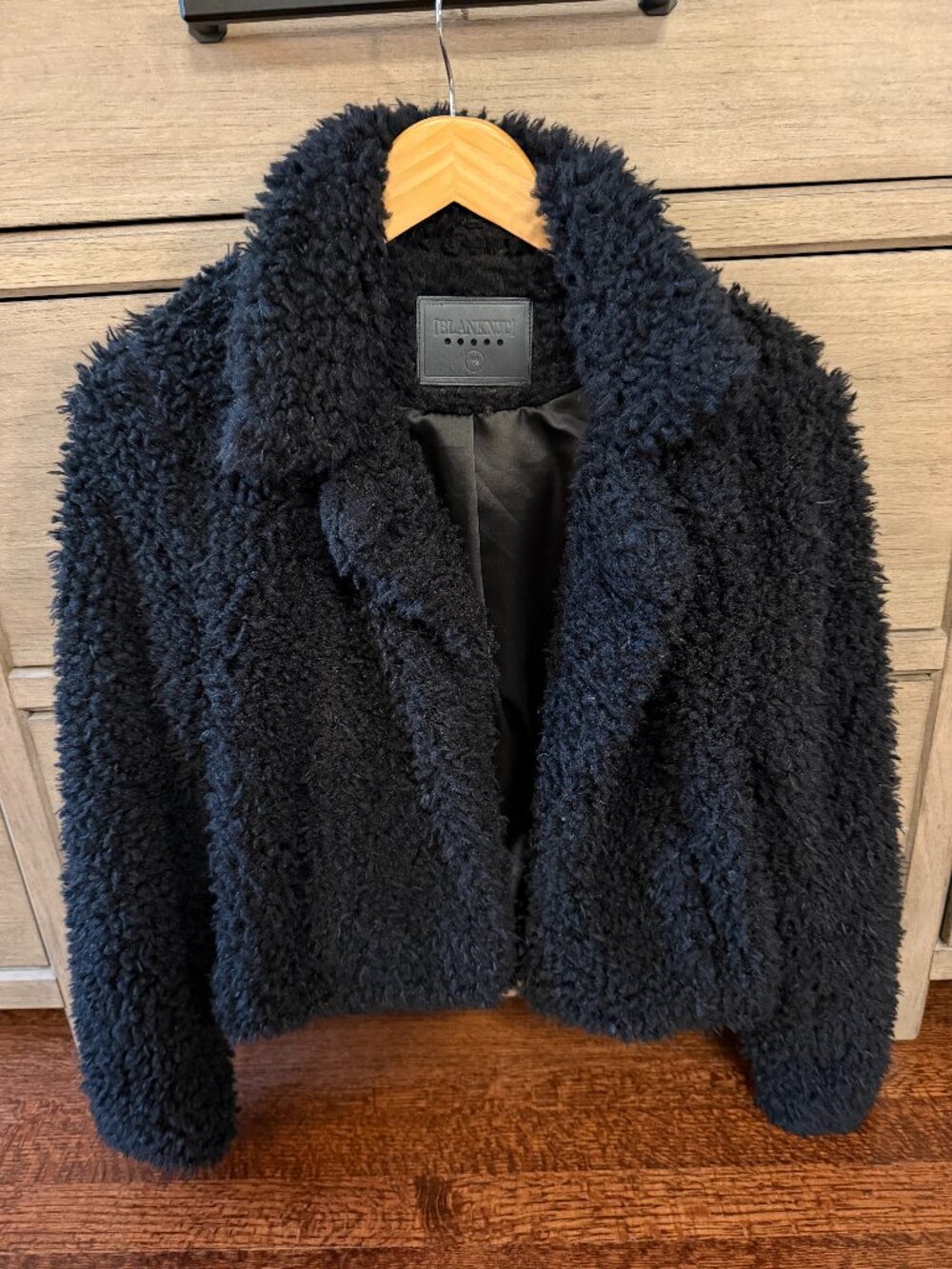Blank NYC Black Teddy Faux Fur Jacket Coat Size Medium Cozy Open Front